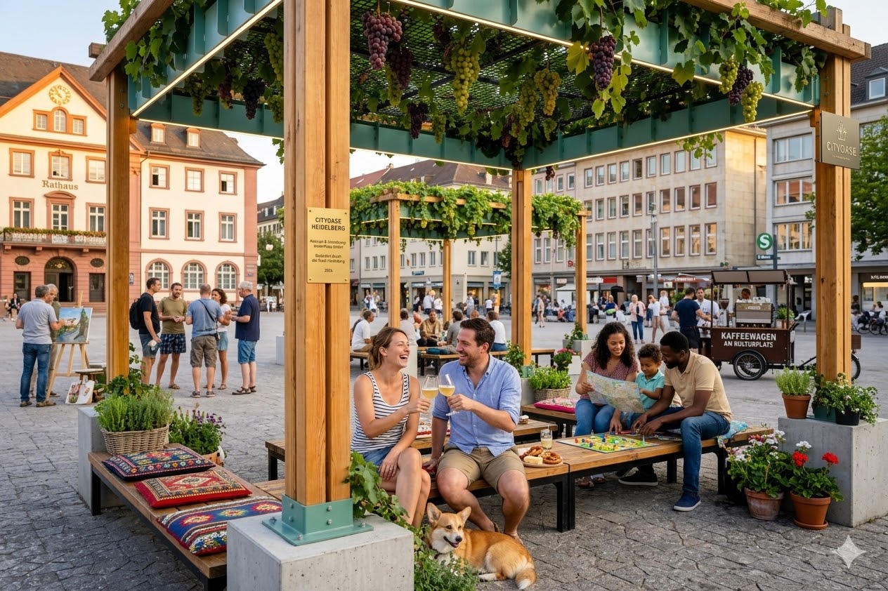 CityOase auf einem historischen Marktplatz mit Weinreben und Sitzbänken