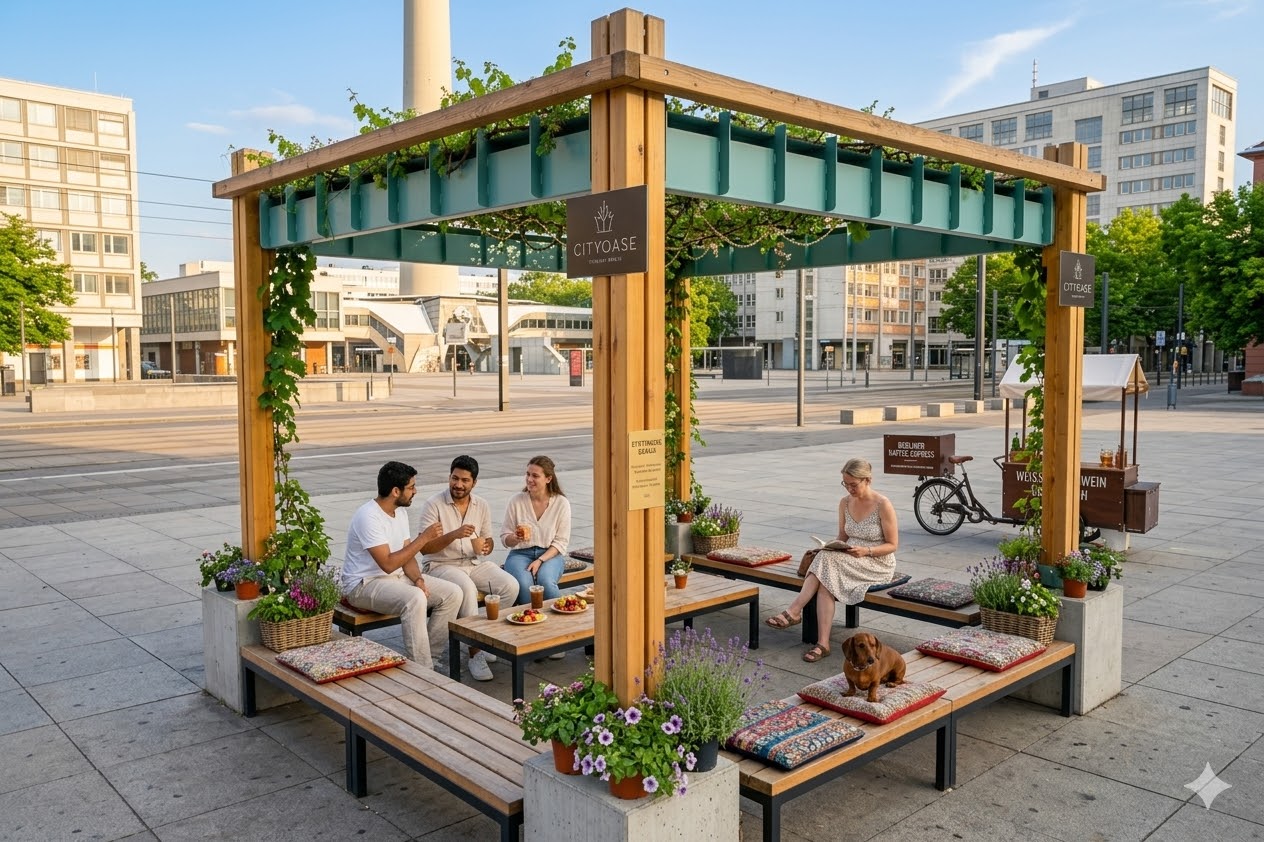 CityOase als Erlebnisfläche auf einem urbanen Platz mit Menschen