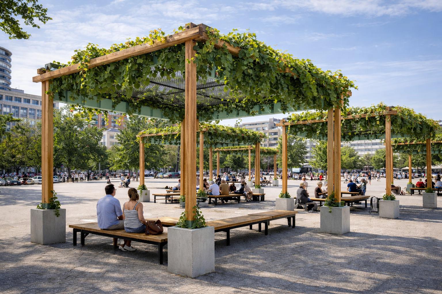 CityOase Pergolen mit natürlicher Begrünung auf einem belebten Stadtplatz