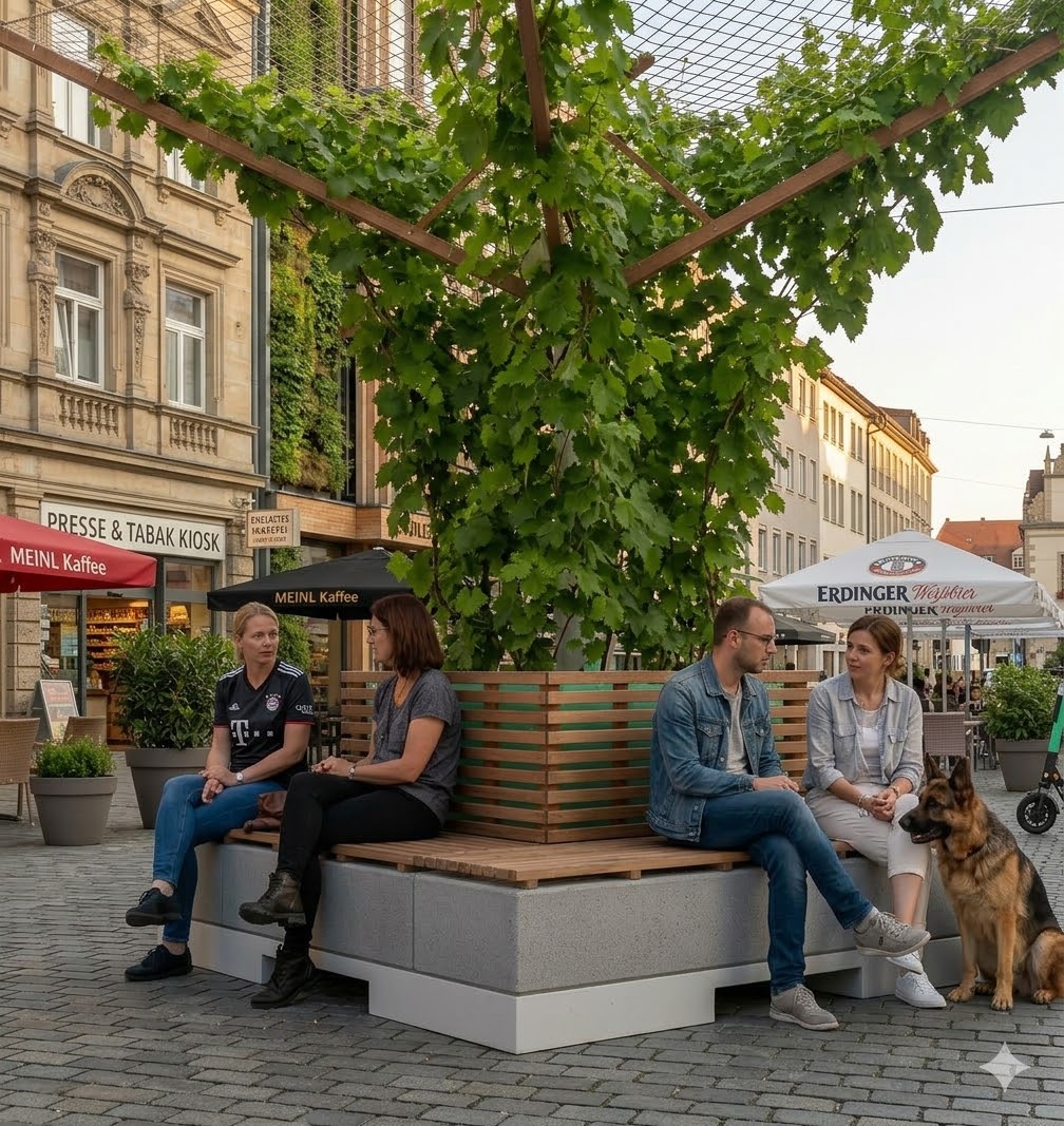 CityTree als grüner Treffpunkt in einer Altstadt-Fußgängerzone