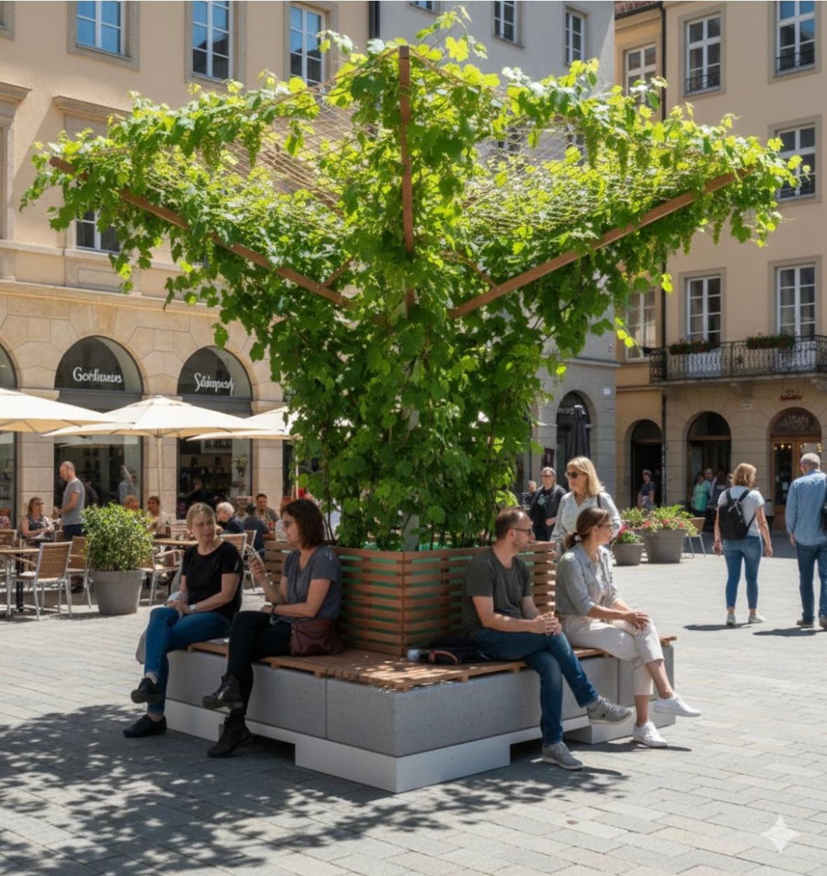CityTree Einzelmodul mit baumförmiger Kletterpflanzen-Krone in der Fußgängerzone